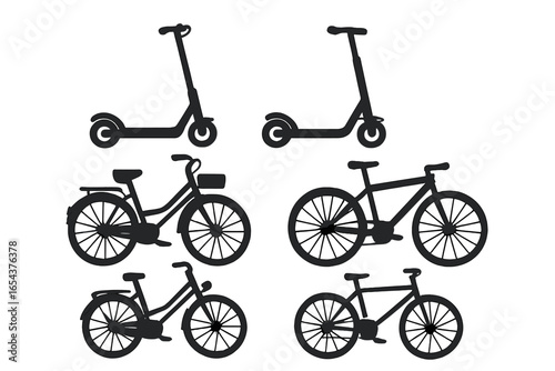 Bicycle and e-scooter silhouette vector icon set. Urban mobility and eco friendly transport concept. Bike and scooter sharing graphic elements for design. Black on white.