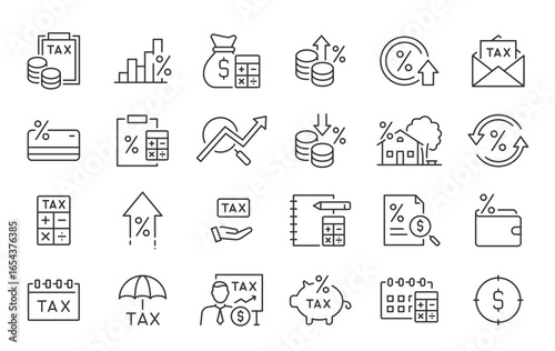 Tax web icons in line style. Pay, duties, interest rate, tax return, vat, tariff, personal tax, collection. Vector illustration.