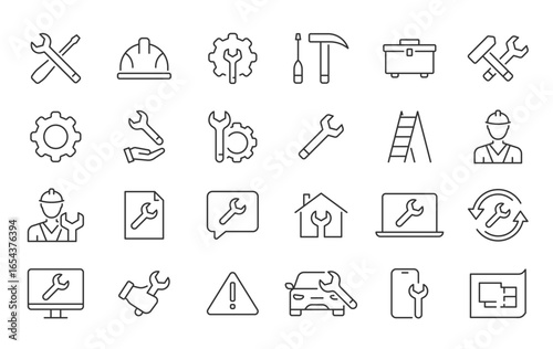 Repair web icons in line style. Engineer, maintenance, tools, support, collection. Vector illustration.