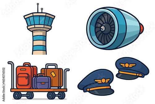 Airport elements vector icon set. Aviation collection with air traffic control tower, jet engine, luggage cart, and pilot hat. Flat cartoon design for travel and flight.