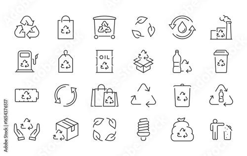 Recycling web icons in line style. Garbage, environmental, plastic, organic waste, recycle plant, collection. Vector illustration.