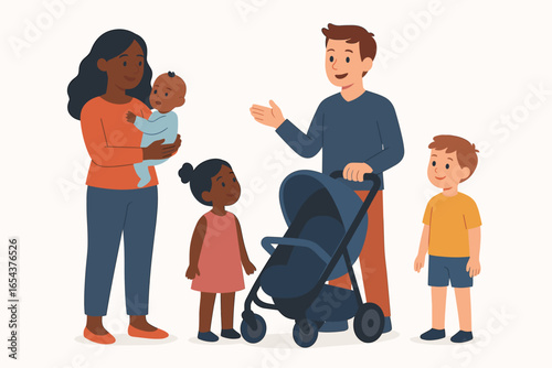Diverse families talking. Multicultural parents with children meeting outdoors. Man and woman with baby stroller, baby, and kids in friendly conversation. Flat vector design.