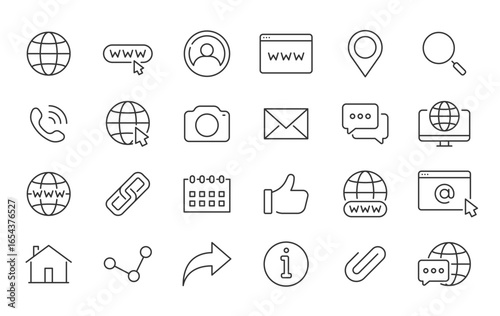 Website web icons in line style. Www, search, support, mail, contact, internet, collection. Vector illustration.