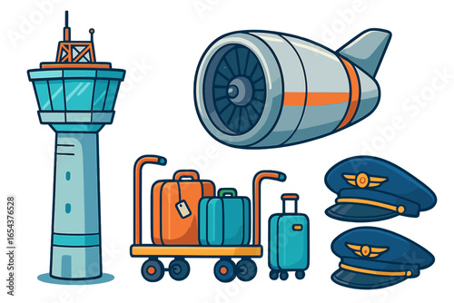 Airport icon collection vector illustration. Air traffic control tower, airplane jet engine, luggage cart, baggage, and pilot hat. Aviation and travel concepts design set.