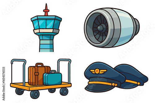 Airport and aviation vector icon set. Collection of cartoon illustrations includes air traffic control tower, jet engine, luggage cart with bags, and pilot captain hat.
