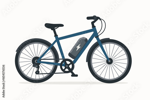 Vector illustration of a modern blue electric bike. E-bike with battery for sustainable urban transport. Concept for green mobility, healthy lifestyle, ecology. Flat design isolated.
