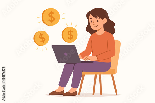 Woman earning money online using laptop. Freelancer character working remotely. Concept for passive income, e-commerce, digital marketing, online business, financial success.