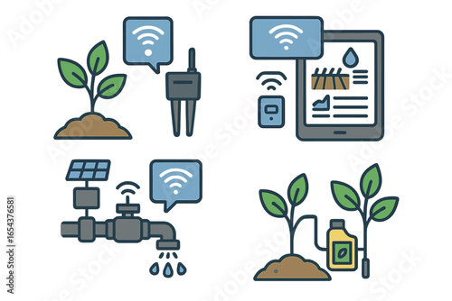 Smart farming icon set. Agri-tech concept for precision agriculture. IoT sensors for soil moisture, remote monitoring, automated irrigation and nutrient management vector.