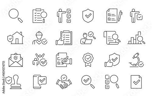 Inspection web icons in line style. Examination, testing, quality control, check, inspect, collection. Vector illustration.