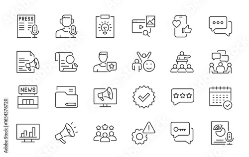 Public Relations web icons in line style. Social media, interview, reputation, press, feedback, planning, news, collection. Vector illustration.