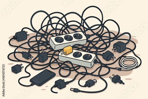 Messy electrical cords and clutter on the floor. Extension sockets, cables, chargers, and wire mess. Tangled power strips. Concept of chaos, disorganization, and overload.