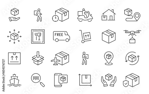Moving Service web icons in line style. Courier, office move, packing, loaders, collection. Vector illustration.