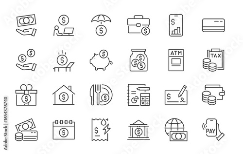 Personal Finance web icons in line style. Salary, budget, pay online, bank, credit card, wallet, tax, management, collection. Vector illustration.