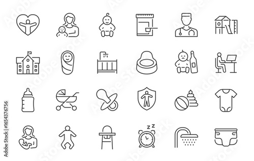 Child care web icons in line style editable stroke. Nurse, healthy eating, sleep, hygiene, crib, toys, infant, collection. Vector illustration.