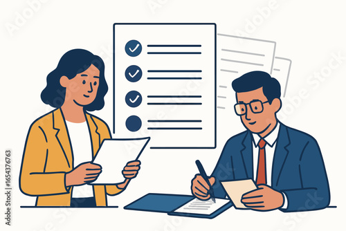 Business teamwork concept with man and woman working on project. Colleague signing contract, partner checking checklist. Office workflow, document management, agreement vector.
