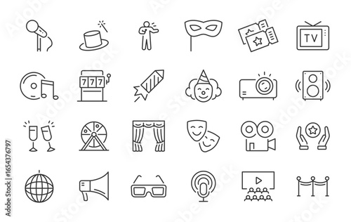 Show web icons in line style. Cinema, event, entertainment, ticket, cinema, music, theater, sport, collection. Vector illustration.Web