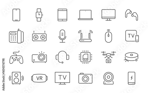 Tech Gadgets web icons in line style. Phone, tablet, laptop, startup, tv, dron, robot, game controler, vr, headphones, projector, collection. Vector illustration.