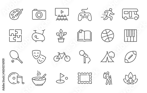 Hobby web icons in line style. Sports, music, dancing, yoga, artificial cooking, travelling, gardening. Vector illustration.