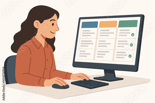 Project management concept vector. Business woman working on computer with kanban board. Manager organizing tasks. Agile methodology, planning schedule, to-do list check.