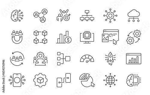 CRM web icons in line style. Customer relationship management, strategy, marketing, data, planning, manager, data analysis, collection. Vector illustration.