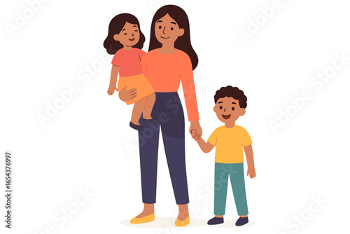 Single mother with two children, a son and a daughter. Mom holding little girl and walking with boy. Happy family and motherhood concept. Isolated flat design vector illustration.