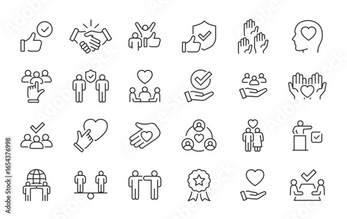 Trust web icons in line style. Integrity, confidence, reliability, credibility, empathy, friends collection. Vector illustration.