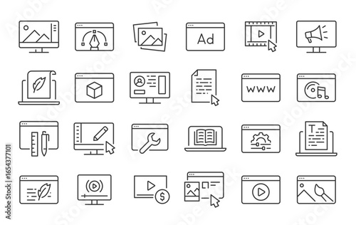 Web Content web icons in line style. Photo, video, media, blogging, collection. Vector illustration.
