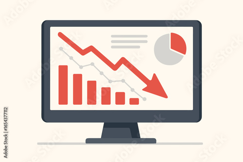 Economic crisis chart. Financial loss graph on computer screen. Red arrow down. Stock market crash concept. Business failure diagram. Investment recession analytics vector.