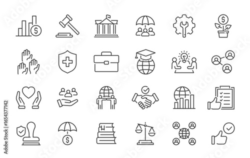 Social Policy web icons in line style. Education, government, welfare, reforms, medicine,  collection. Vector illustration.