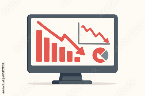 Financial loss and economic crisis concept. Computer screen with declining graph, chart and red arrow pointing down. Stock market crash, investment failure, business recession.