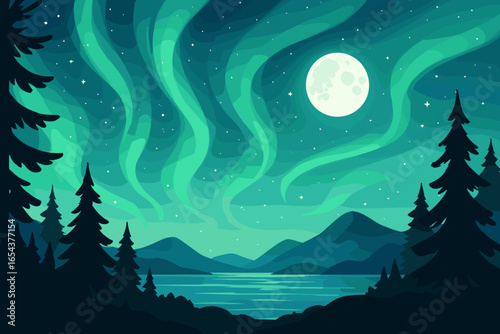 Magical northern lights illustration. Aurora borealis over mountains and water with full moon. Starry night sky scenic landscape view from forest. Nature background concept.