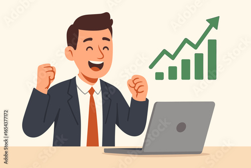 Happy investor man celebrating successful stock market investment. Businessman with laptop looking at growth chart. Financial profit, trading success, bull market concept.