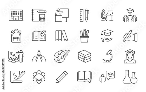 School web icons in line style. Education, knowledge, teacher, class room, study, language, collection. Vector illustration.