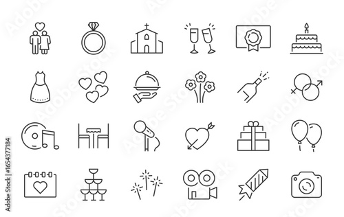 Wedding web icons in line style. Love, wedding, ceremony, celebration, married, ring. Vector illustration.