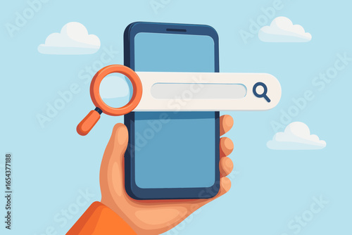 Hand holds smartphone with search bar. Online internet browsing and web surfing concept. Magnifying glass for data research, SEO, information discovery. 3D vector illustration.