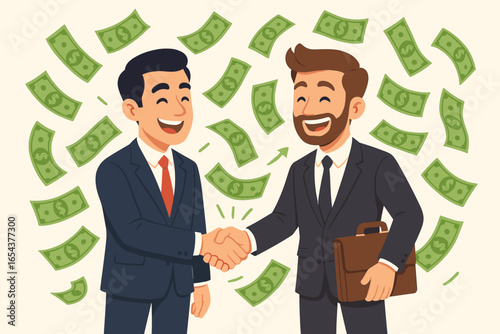 Two businessmen shaking hands after a successful business deal. Money raining down symbolizes a profitable partnership, financial success, investment return, and a great contract.