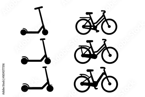 Black silhouettes of electric scooters and e-bikes. Icon set for urban transport and micromobility. Eco friendly vehicle collection. City bicycle and scooter sharing rental concept vector.