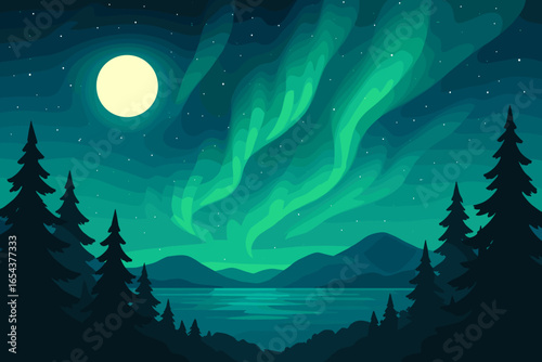Vector illustration of northern lights. Aurora borealis over mountains, forest and lake. Beautiful night landscape with full moon and stars. Magical winter sky. Scenic wallpaper.