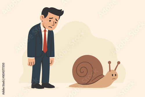 Slow business and career metaphor. Sad, bored businessman standing still with a snail. Concept for lack of progress, unfulfilled goals, company failure, and procrastination.