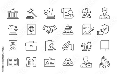 Court web icons in line style. Investigation, law, judgment, criminal, authority, court legal, related nailing, justice, prison. Vector illustration.