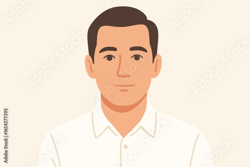 Young man face portrait. Businessman or office worker in a white shirt. Male character avatar for user profile. Head and shoulders front view with calm expression. Flat vector.
