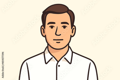 Portrait of a young handsome man with a neutral expression. Male character face avatar for business profile. Office worker or student in white shirt. Flat vector cartoon.