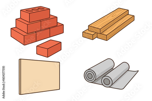 Set of building materials for construction. Vector icon illustration of bricks, wood planks, drywall and insulation rolls. House repair, renovation, industry and diy concept.