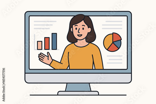 Online course and webinar concept with a woman on a computer screen giving a lecture. E-learning and business presentation with data charts. Flat vector illustration.