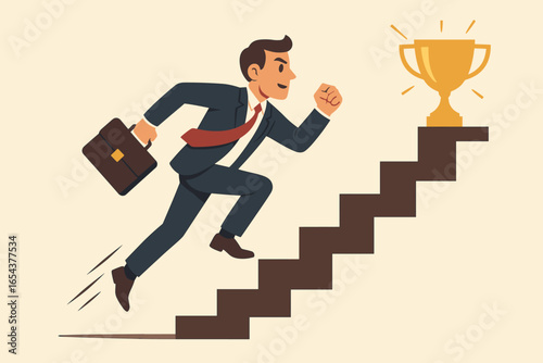 Stairway to success. Businessman running up stairs to trophy. Career goals achievement. Business success metaphor. Ambition, motivation, progress concept. Winning, leadership.