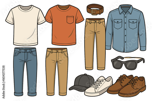 Men's casual clothing set. Fashion collection with t-shirt, jeans, pants, denim shirt, sneakers, and accessories. Vector cartoon illustration for wardrobe and style concepts.