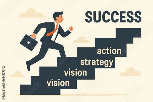 Steps to success concept. Businessman running up a stairway with the words vision, goal, strategy, action. Business, career, and personal development goals metaphor vector.