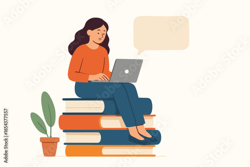 Online education concept with woman student studying on laptop sitting on a stack of books. E-learning, distance learning, home schooling vector illustration with copy space.