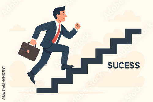 Steps to success. Businessman running up a stairway with briefcase. Concept for business, career and personal goals. Vision, goal, strategy, action and success metaphor.