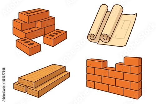 Construction materials vector icon set. Cartoon illustrations of bricks, wood planks, architectural blueprints, and a brick wall. Building, renovation and real estate concept.